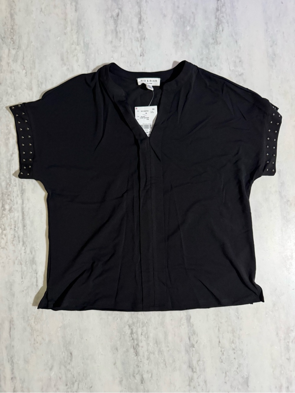 NWT Black Neutral Classic Short-Sleeve Blouse Top with Edgy Studded Cuffs S P